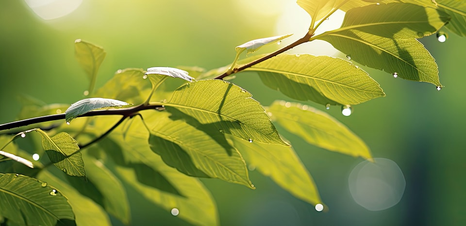 水滴の付いた葉っぱが太陽に照らされる様子
